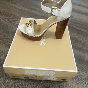 Michael Kors White Platform Sandal with Gold MK Accent and Wood-Effect Heel